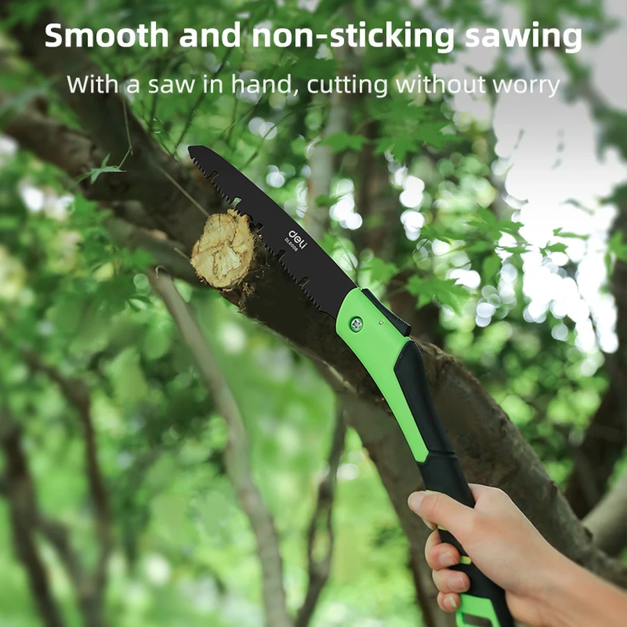 Deli Heavy-Duty Folding Saw 180mm (7") 65Mn Steel Blade with Triple-Ground Quenched Teeth & Safety Lock for Pruning & Camping (Green) | EDL6006