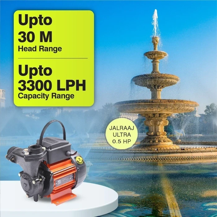 Kirloskar Jalraaj Ultra 0.5 HP Single-Phase Self-Priming Monoblock Water Pump | 26m Head & 1800 LPH Flow with Brass Impeller & Mechanical Seal
