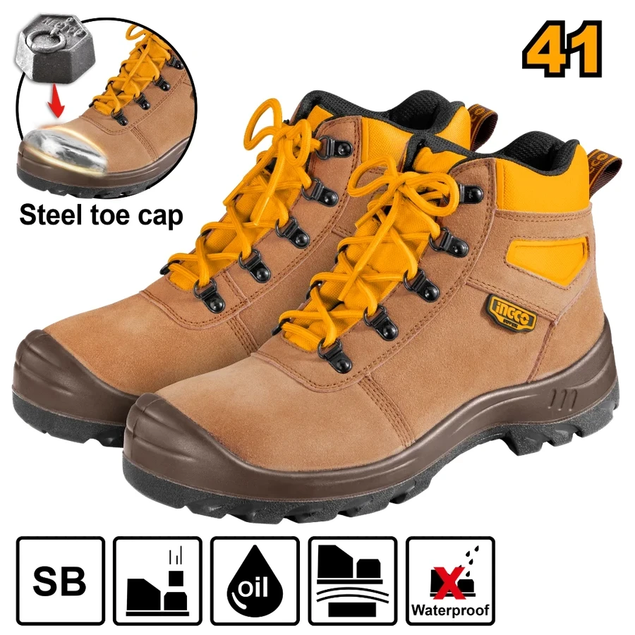 INGCO Professional Industrial Safety Boots | SB Grade Steel Toe Protection with Dual-Density PU Sole & Split Leather Upper | Sizes 41 & 42