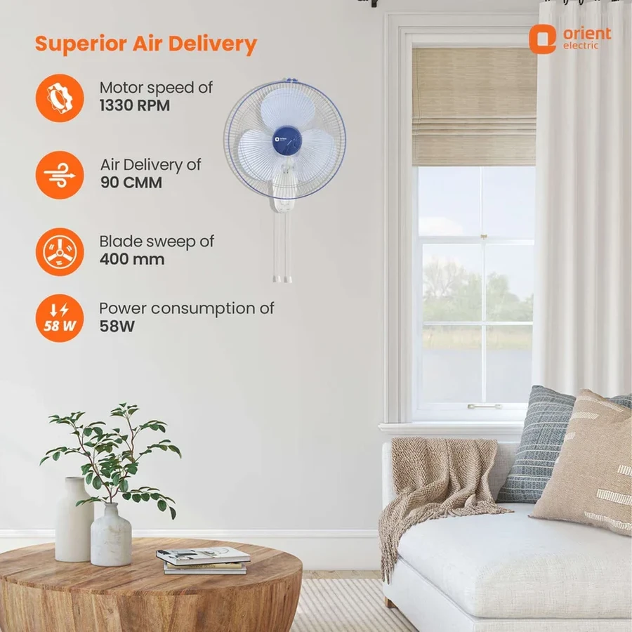 Orient Wall-44 Wall Fan 400mm | 58W | 1330 RPM | 84 CMM Air Delivery | Azure Blue
