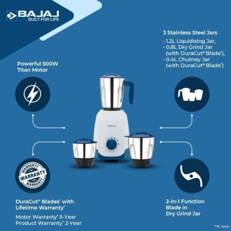 Bajaj Ninja Series Notch 500W 3 Jar Mixer Grinder | Titan Motor & Dura Cut Blades | French Blue | 410651