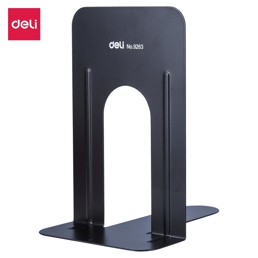 Deli 9-Inch Heavy-Duty Powder-Coated Steel Metal Book Ends (Pair of 2) | Non-Slip EVA Padded Base Desk Organizer (Black) | E9263