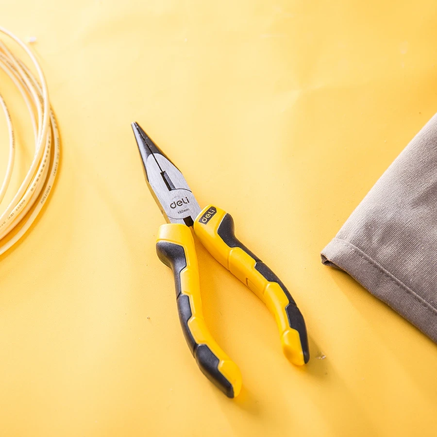 Deli 6" Professional Forged 55# Carbon Steel Long Nose Pliers | Heavy-Duty 54-62 HRC Cutting Edge Precision Needle Nose Tool with Dual-Color Grip | EDL2106 (Yellow/Black)