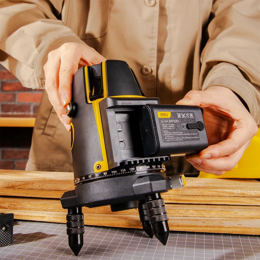 Deli 5-Line LD Green Beam Self-Leveling Laser Level | High-Visibility Outdoor Line Laser with 360° Rotary Base, ±3° Auto-Alarm & Plastic Case | EDL332305