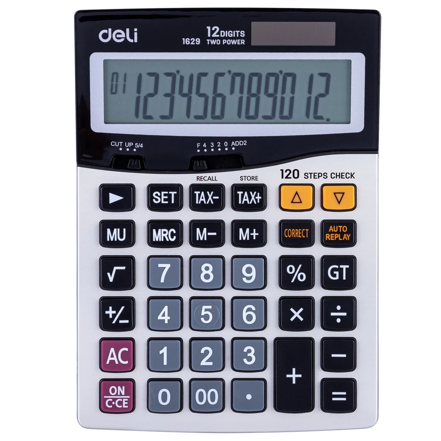 Deli 12-Digit Professional Desktop Calculator | Tax Function (Tax+/Tax-), 120 Steps Check & Correct, Metal Finish (Silver) | E1629
