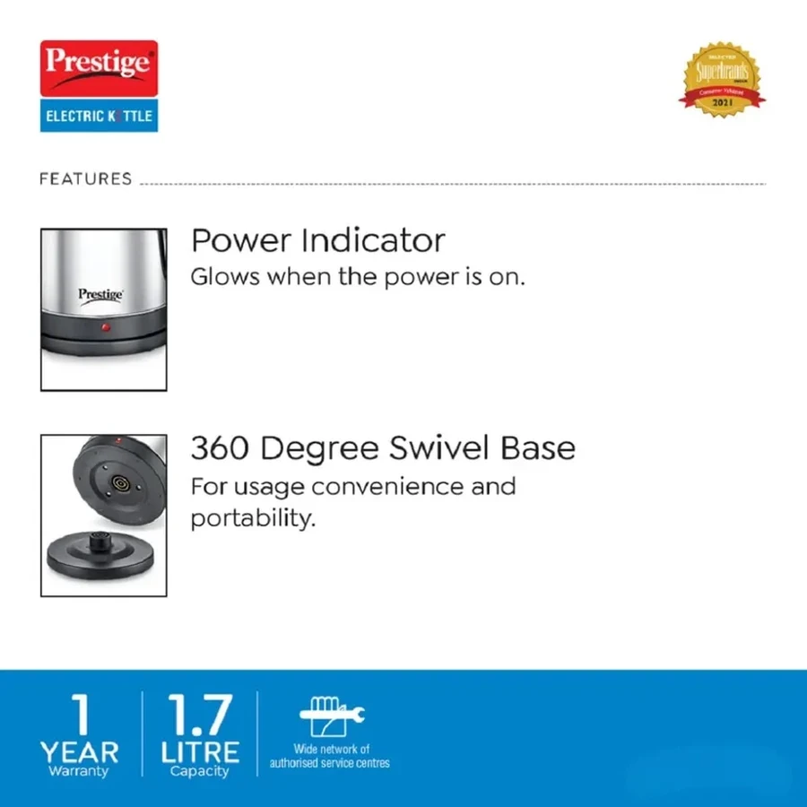 Prestige PKLSS 1.7 1500W Stainless Steel Electric Kettle | 1.7 Litre Rapid Boil with Automatic Cut-off & Ergonomic Handle - Model 41881