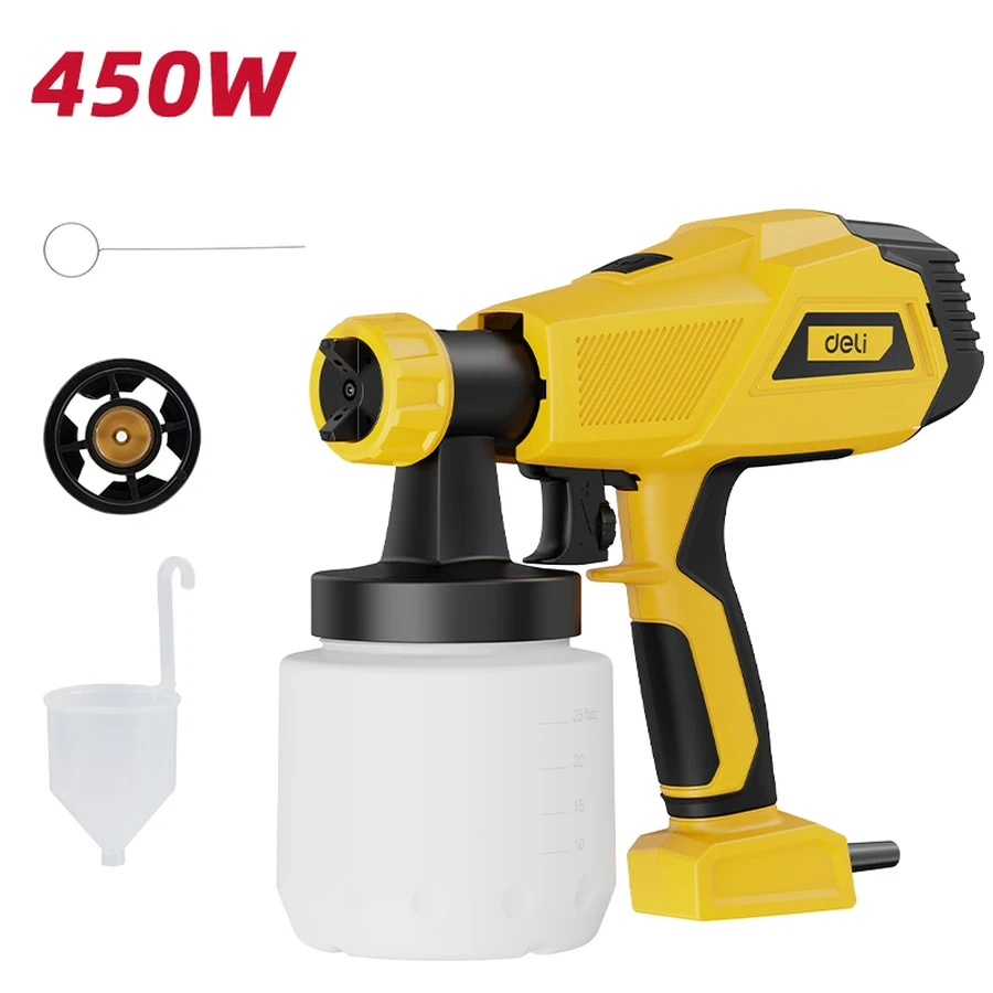 Deli 400W/450W Professional Electric Paint Spray Gun | HVLP High-Flow 700ml/min Sprayer with 800ml Cup, Dual Nozzles & Adjustable Flow | EDC090