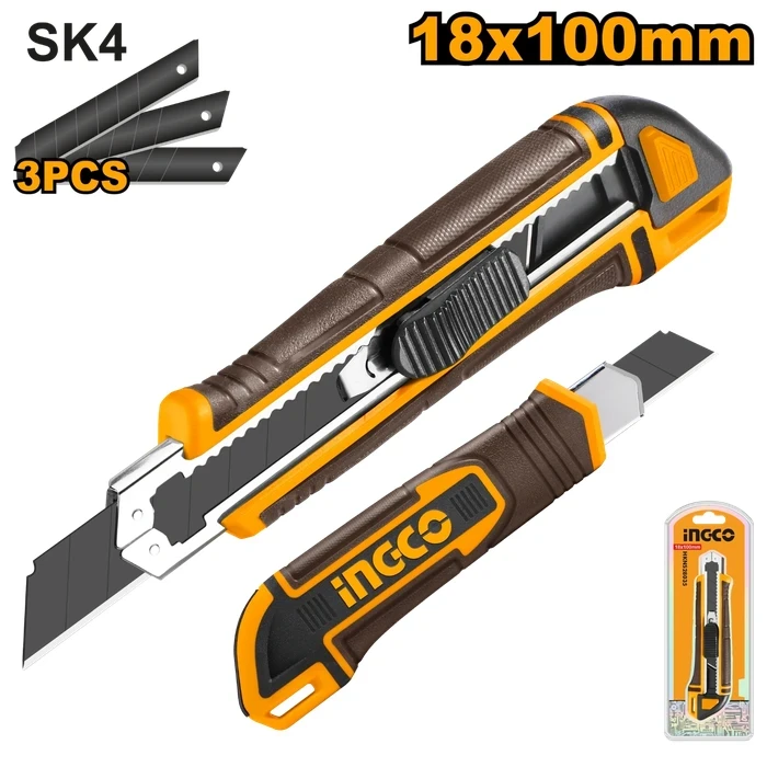 INGCO 167mm Retractable Snap-Off Blade Knife | 18mm x 100mm Professional Utility Cutter | Includes 3 Pcs High-Carbon SK4 Blades with Flat Push Button Lock | HKNS28035