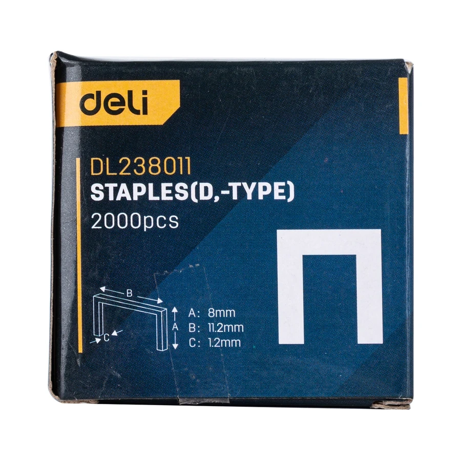 Deli D-Shape Staples (D Nails) 8x11.2x1.2 mm, 2000 Pcs/Box, High-Carbon Steel Fasteners for Heavy-Duty Staple Guns, General Repair & Upholstery (Silver) | EDL238011