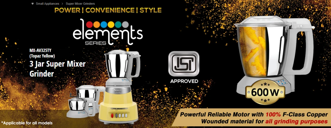 Panasonic 600W Elements Mixer Grinder with 3 Stainless Steel Jars | Heavy Duty Motor with Locking System - Topaz Yellow - MX-AV325