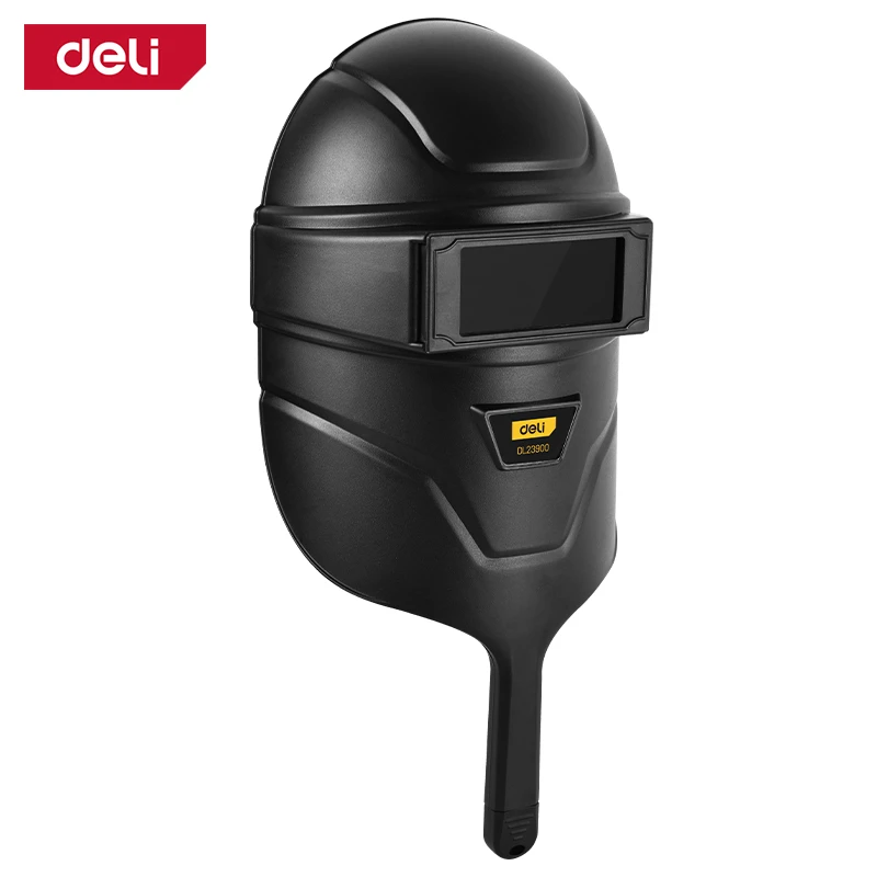 Deli Handheld Welding Mask (320x220x140mm) | High-Strength PP Face Shield with Integrated Ergonomic Handle & Tempered Glass Lens (Black) | EDL23900