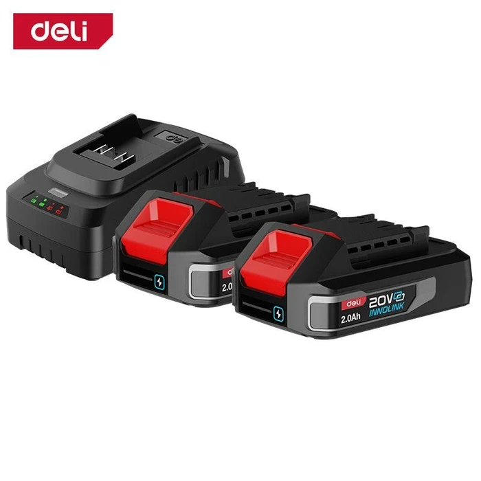 Deli Tools 21V Lithium-Ion Battery & Fast Charger Set 2-Pack 2.0Ah Cordless Power Pack System with 1-Hour Quick Charger & 21V Dual Battery Kit | EDE-CM20A2E
