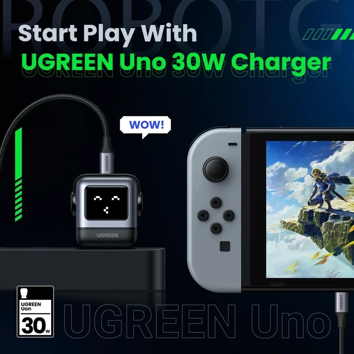 UGREEN Uno RG 30W USB-C PD GaN Fast Charger | Fun Robot-Shaped Mini Wall Adapter with Smart LED Display (Space Gray, US Plug) | Uno RG Series