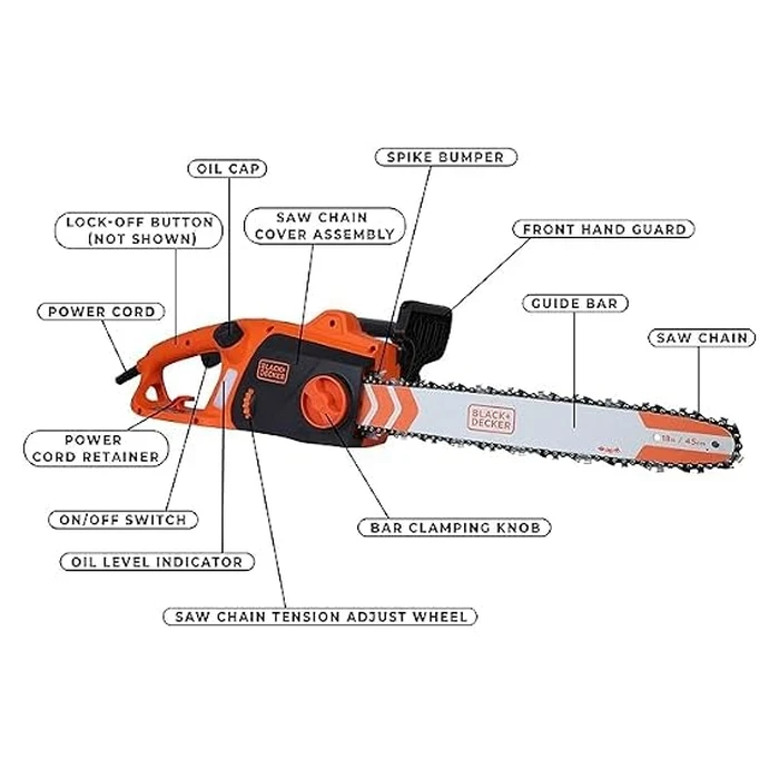 BLACK+DECKER 2200W 45cm (18") Corded Electric Chainsaw | Tool-Free Chain Tensioning & Auto-Oiling Safety Brake Log Cutter | BECS2245-IN