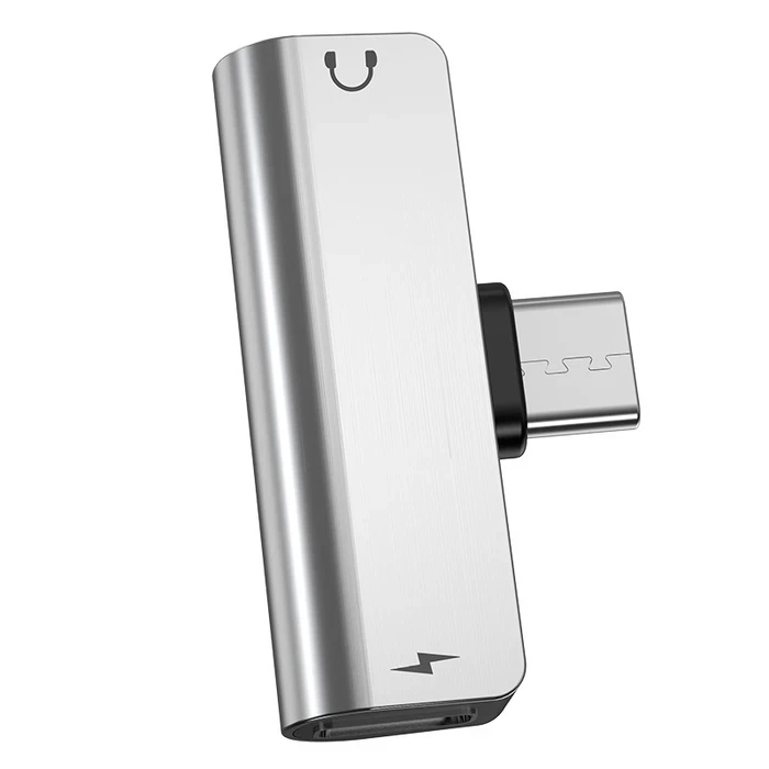Type-C to 3.5mm Aux Audio Converter | 1.5A Pass-Through Charging Dual Splitter | Supports Microphone & Wire Volume Control Adaptive Hub | Silver | Ls26