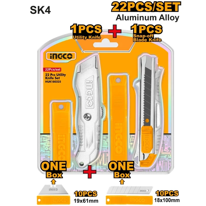 INGCO 22-Piece Professional Aluminum Alloy Utility Knife Set | Heavy-Duty Retractable Box Cutter & 18mm Segmented Snap-Off Knife with 20 Replacement Blades Bundle | HUK180225