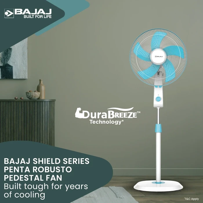 Bajaj Penta Robusto 400MM 5-Blade Pedestal Fan | DuraBreeze 100% Copper Motor 75 CMM SurgeProtekt 4kV 3-Year Warranty Icy Blue & White 252109