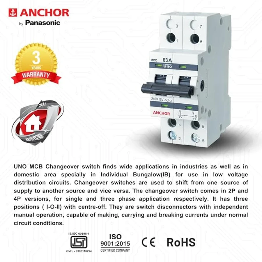 Anchor UNO DP Changeover Switch 63A 98084 - Double Pole (2 Pole), Panel Mount, High Current Rating for Safe Power Transfer