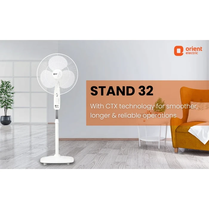 Orient Pedestal Fan | 400mm Sweep Size High-Velocity 84CMM Air Delivery | 58W Energy-Efficient Motor Stand Fan | Signal White | Stand 32