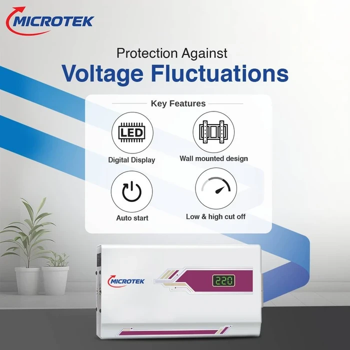 Microtek Pearl EM 5090 Automatic Voltage Stabilizer | 90V–300V Wide Input Range | Digital Display Wall-Mount Guard for Air Conditioners up to 2.0 Ton