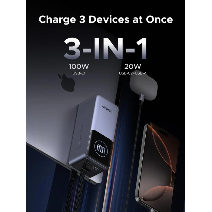 UGREEN 10000mAh 30W Two-Way Fast Charging Power Bank | Compact USB-C PD 3.0 & PPS Portable Charger with Smart LED Screen (Space Grey) | UGREEN Series