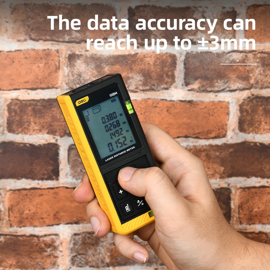 Deli 100M Professional Handheld Laser Distance Meter | Millimeter-Accuracy Rangefinder with 1.7" Screen, Dual Laser Projection & 30-Group Data Storage | EDL4170 Yellow