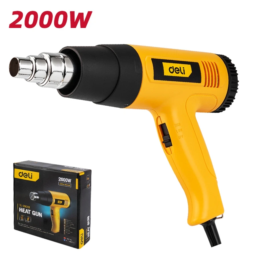 Deli 2000W Professional Dual-Temperature Heat Gun | 400°C/650°C Dual Airflow (250/400 L/min) Hot Air Blower with Overheat Protection & Stainless Steel Nozzle (Yellow) | EDL391201