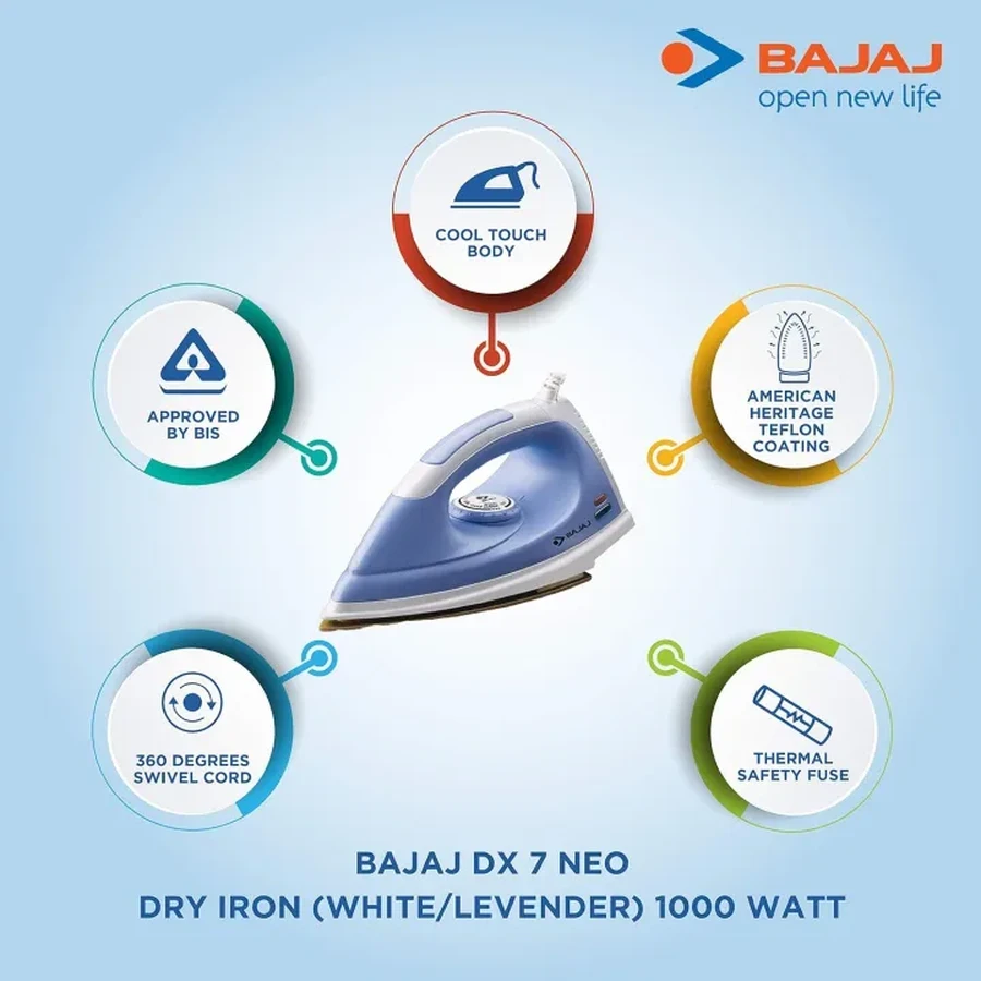 Bajaj DX 7 Neo 1000W Dry Iron | Premium Ceramic Coated Non-Stick Soleplate & Auto Shut-Off Safety | 360° Swivel Cord | 440304