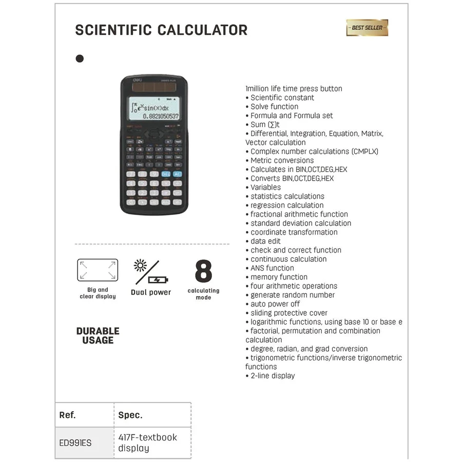 Deli Professional Scientific Calculator (417 Functions) | Dual Solar & Battery 2-Line Textbook Display with Slide Cover | ED991ES