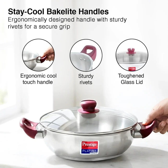 Prestige Platina Popular Stainless Steel Induction Base Kadai with Tempered Glass Lid (26 CM / 3.8L & 28 CM / 4.6L) | Gas & Induction Compatible - Model 36887 / 36888