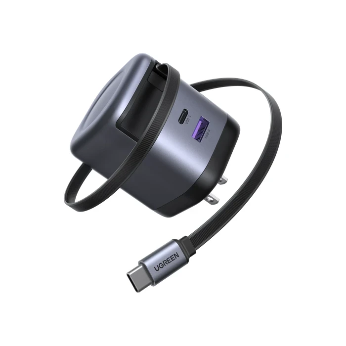 UGREEN 65W 3-Port GaN Fast Charger with Built-in 0.7M Retractable USB-C Cable | 65W PD 3.0, PPS & UFCS Multi-Device Wall Charger (2x USB-C & 1x USB-A) | UGREEN GaN Series