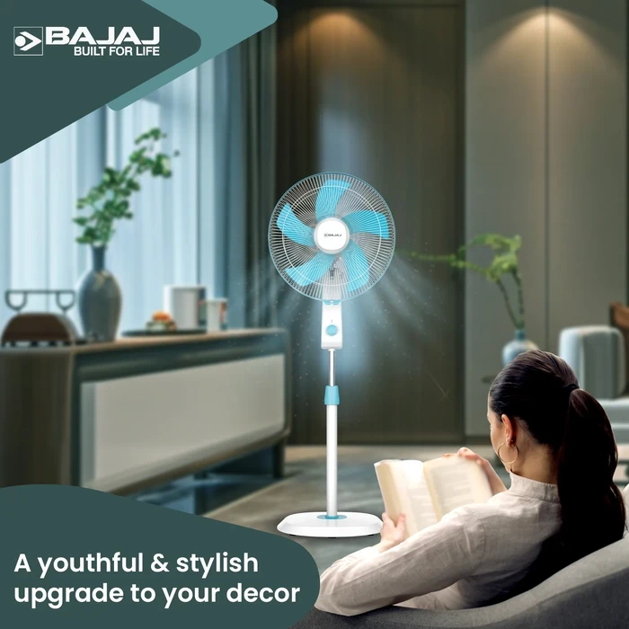 Bajaj Penta Robusto 400MM 5-Blade Pedestal Fan | DuraBreeze 100% Copper Motor 75 CMM SurgeProtekt 4kV 3-Year Warranty Icy Blue & White 252109