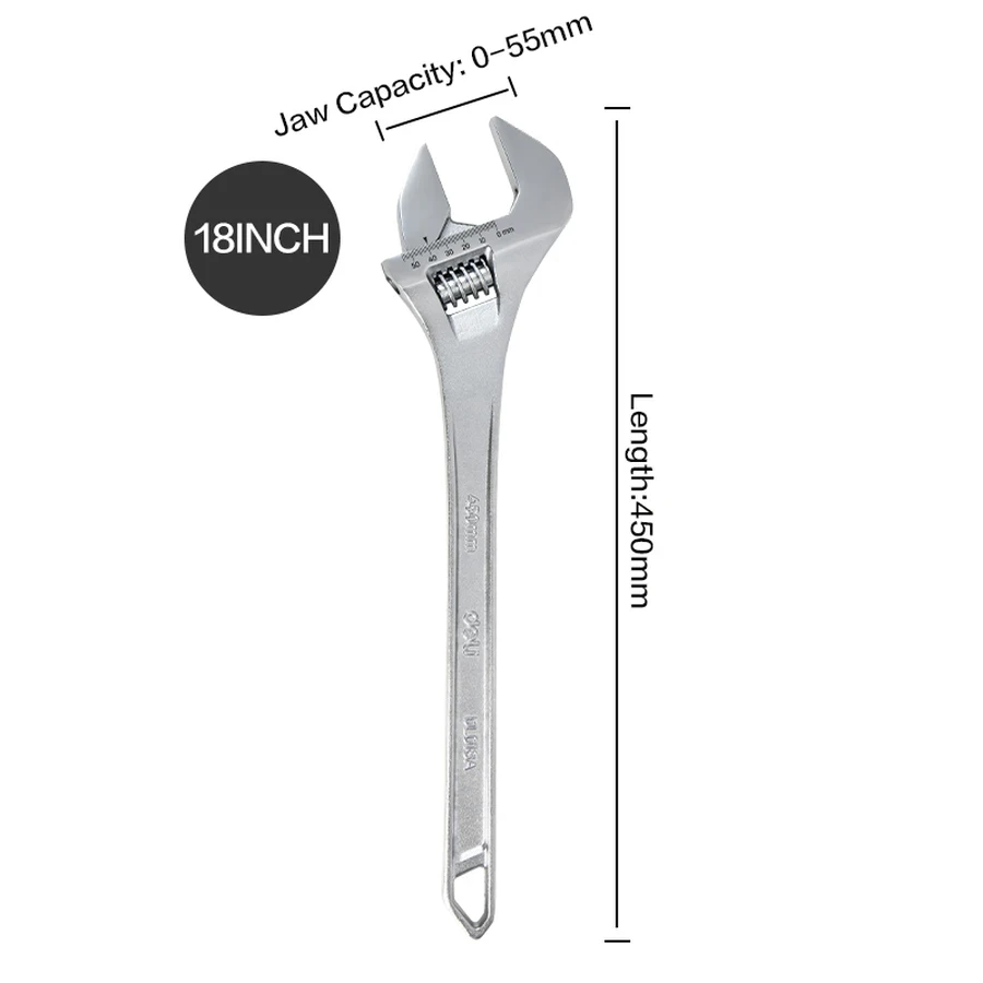 Deli 18" Professional Forged Carbon Steel Adjustable Spanner | Heavy-Duty Chrome-Plated Wrench with Precision Knurl & Laser-Etched Sizing Scale | EDL018A (Silver)