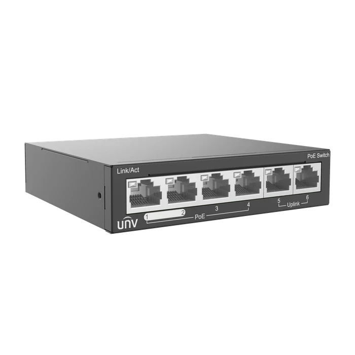 UNV 4-Port Fast Ethernet Unmanaged PoE Switch with 60W Budget, Priority Ports & 250m Extend Mode | NSW2020-6T-POE-IN