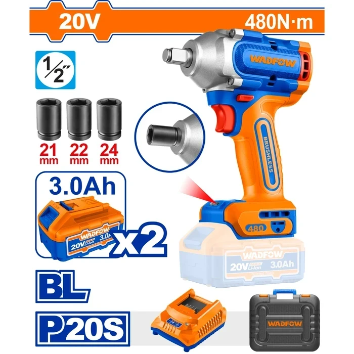 Wadfow 20V Cordless Brushless 1/2" Impact Wrench Kit with 2x 3.0Ah Batteries & Sockets | 600Nm Nut-Busting Torque 3-Speed High-Performance Power Tool | WCD1B48