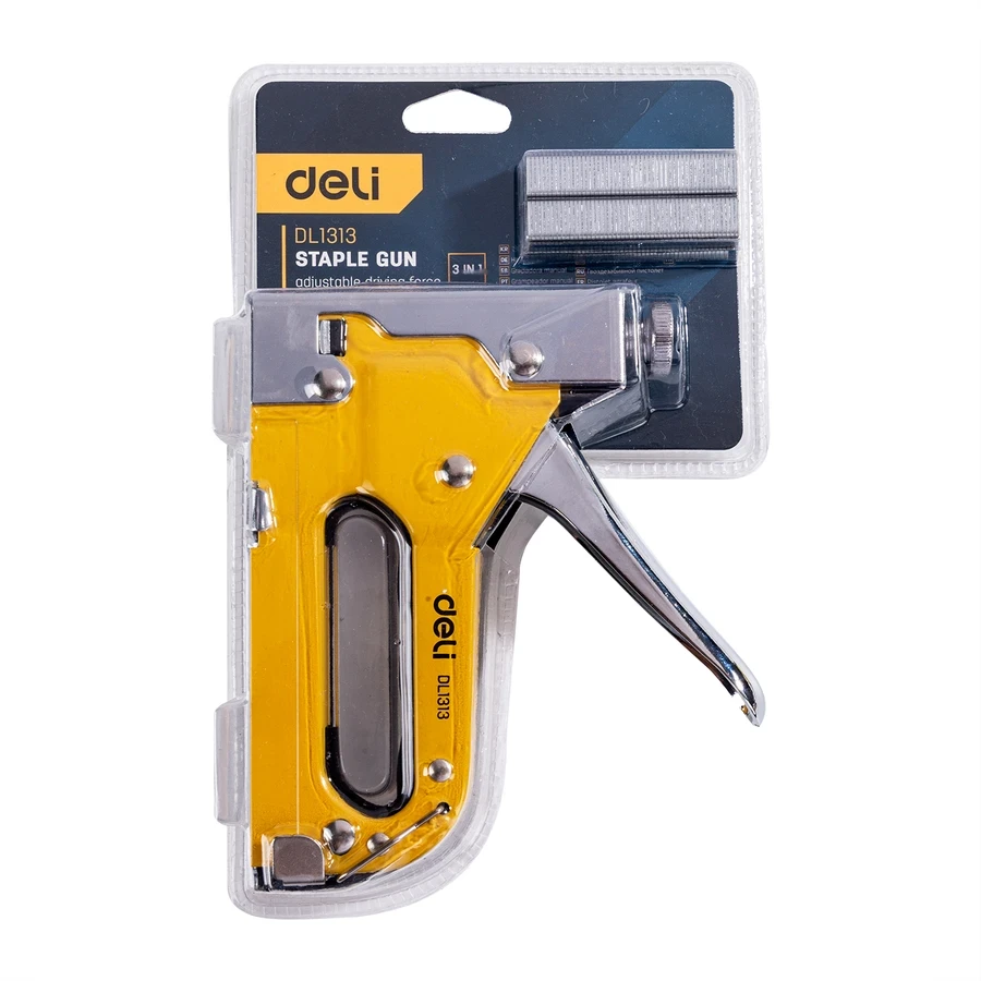 Deli 3-in-1 Professional Full Steel Staple Gun | Heavy-Duty 4-8mm Manual Tacker with Adjustable Driving Force for D, U & T Nails | EDL1313