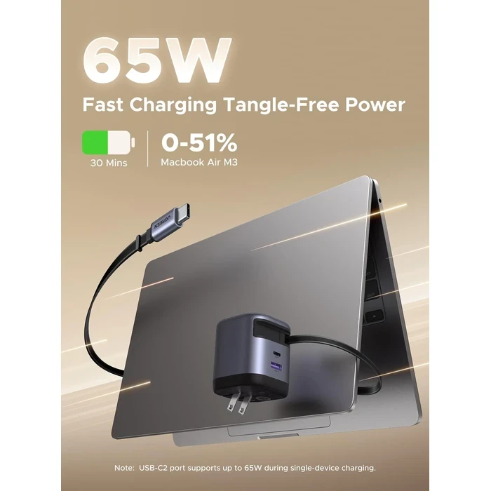 UGREEN 65W 3-Port GaN Fast Charger with Built-in 0.7M Retractable USB-C Cable | 65W PD 3.0, PPS & UFCS Multi-Device Wall Charger (2x USB-C & 1x USB-A) | UGREEN GaN Series