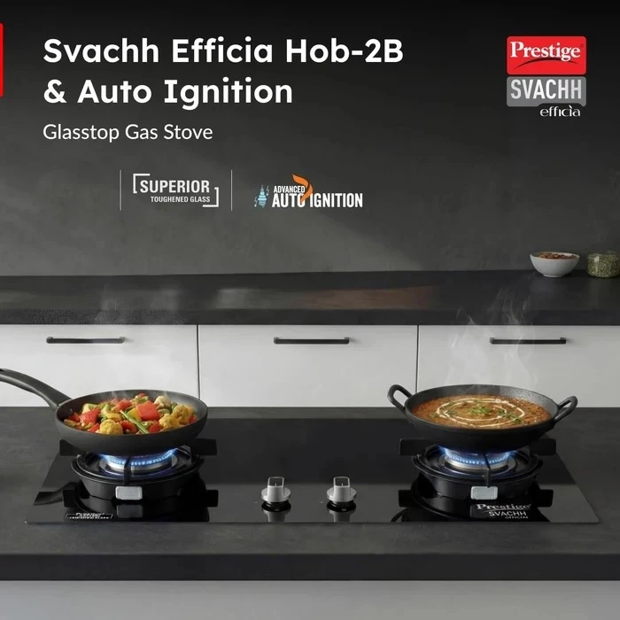 Prestige Svachh Efficia Liftable Toughened Glass Top Auto Ignition Gas Hob (2 Burner / 3 Burner) | Dual Use Freestanding & Built-in Kitchen Hobtop - Model 40595 / 40596