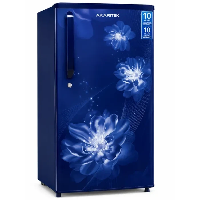 Akaritek 180L Single Door Direct Cool Refrigerator (Eco R600a, Stabilizer-Free) | Toughened Glass Shelves & Anti-Bacterial Gasket Blue Floral Fridge | AKDS180FB