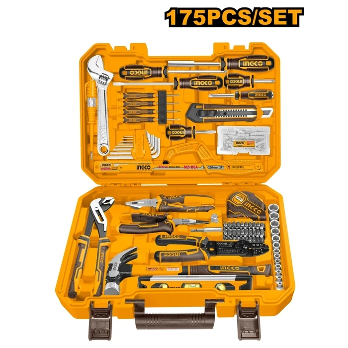 INGCO 175 Pcs Universal Master Hand Tools Set (Sockets, Pliers, Screwdrivers, Hammer, Level & Fasteners) with Molded Carry Case | HKTHP51758