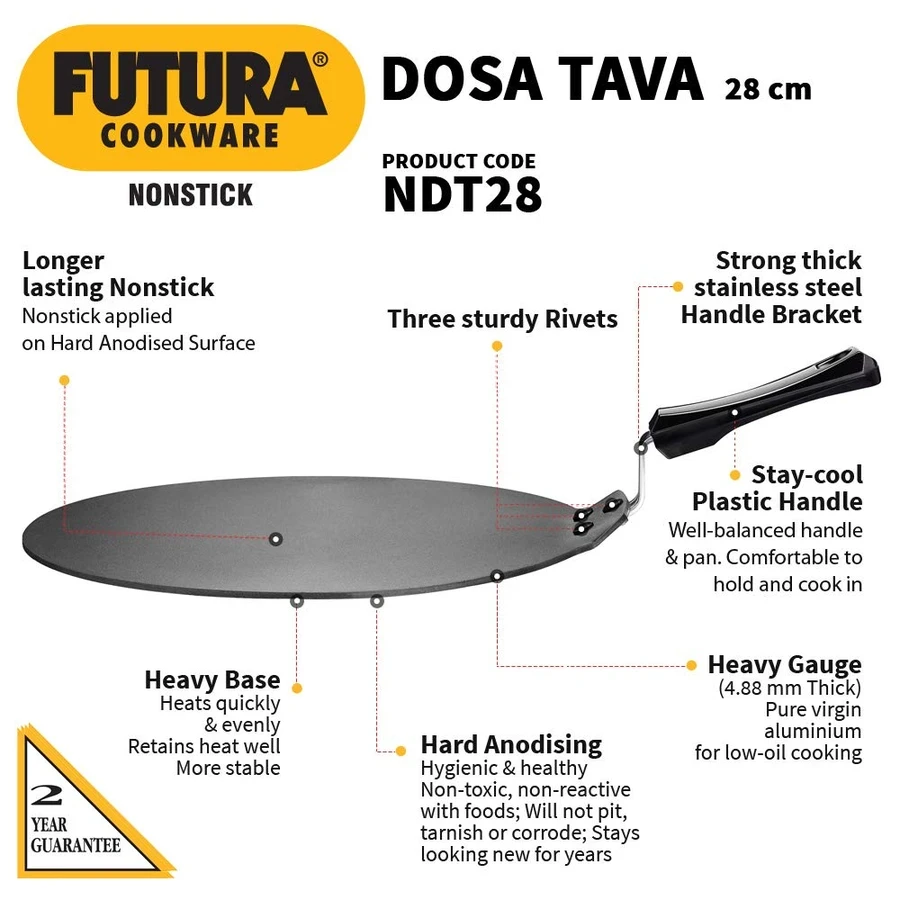 Hawkins NDT28 28cm Nonstick Dosa Tava | 4.88mm Extra Thick Hard Anodised Aluminium | Maximized Cooking Surface | Black
