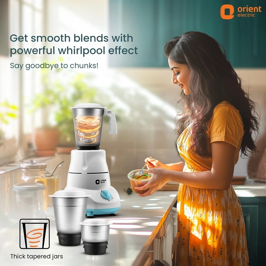 Orient Kitchen Kraft 500W Multi-Purpose Mixer Grinder | 1.2L Capacity with Stainless Steel Jars, Dishwasher Safe Containers & Easy Knob Controls (White)
