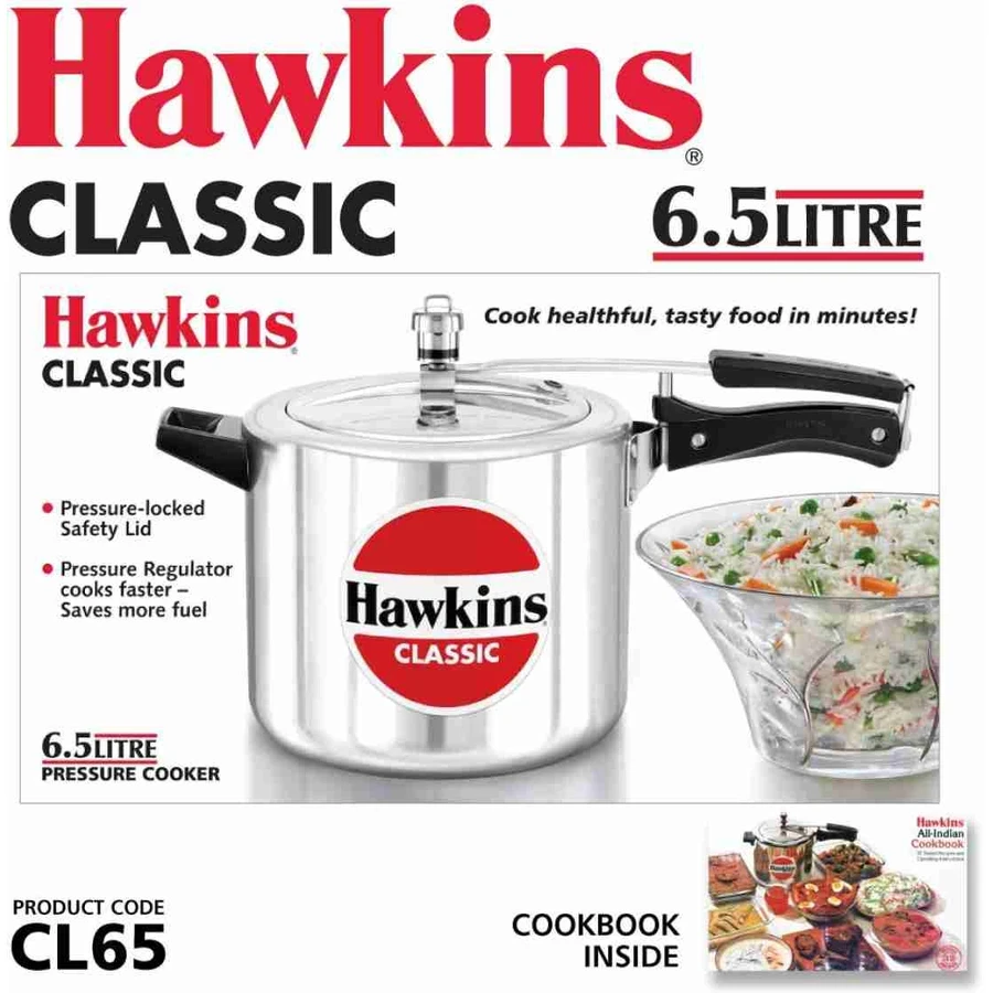 Hawkins Classic Pressure Cooker | 4L / 5L / 6.5L Capacity | Mirror Polished Virgin Aluminium | Inside-Fitting Safety Lid | Gas Stovetop Compatible