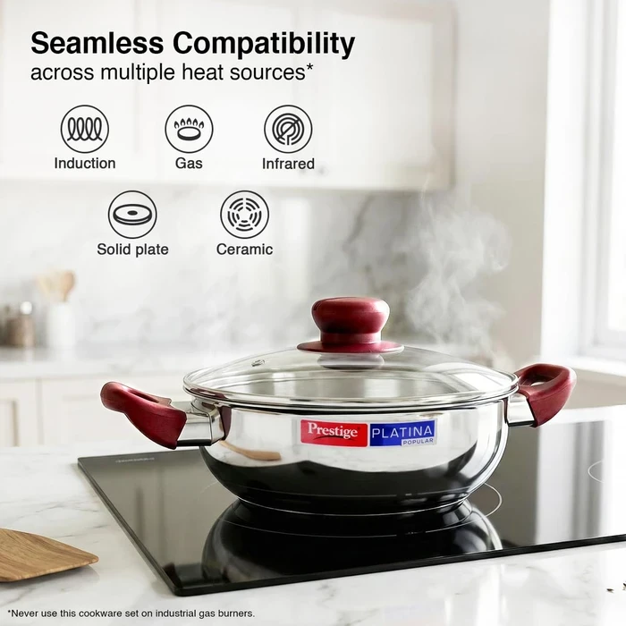 Prestige Platina Popular Stainless Steel Induction Base Kadai with Tempered Glass Lid (26 CM / 3.8L & 28 CM / 4.6L) | Gas & Induction Compatible - Model 36887 / 36888