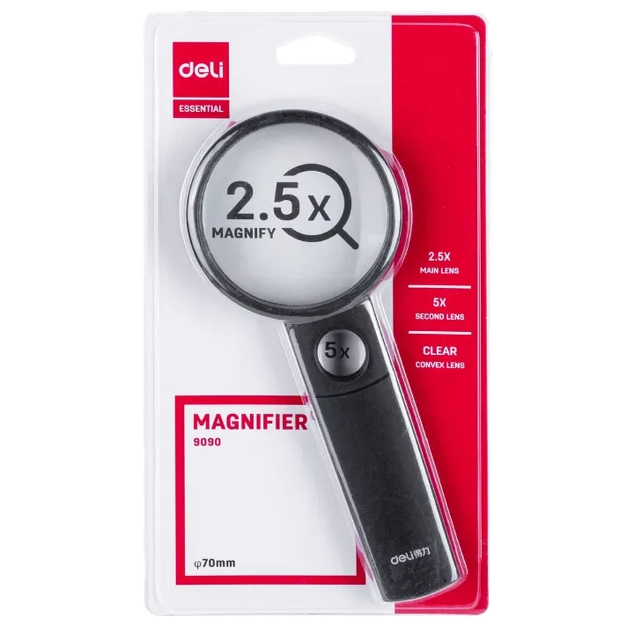 Deli 75mm Handheld Dual-Power Magnifying Glass | 2.5X Primary & 5X Inset Convex Lens with Ergonomic ABS Frame (Black) | E9090