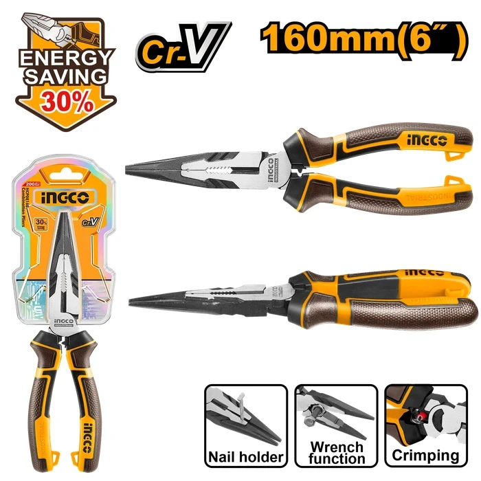 INGCO 6" / 160mm Professional High Leverage Long Nose Pliers | 30% Energy Saving Cr-V Steel Needle Nose Pliers with Black Polished Finish & 3-Color TPR Handle | HHLNP28160