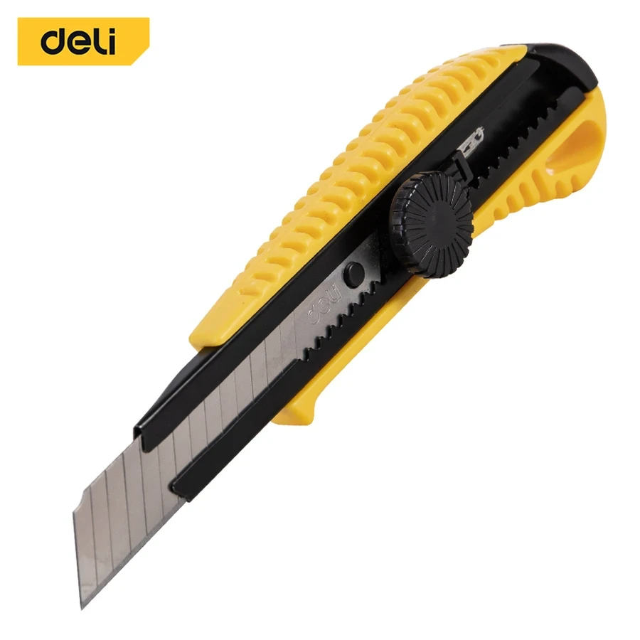 Deli 18mm Heavy-Duty Snap-Off Utility Cutter | Rotary Knob Locking Box Cutter with 100mm SK5 High-Carbon Steel Blade & ABS Body | EDL003A (Yellow)