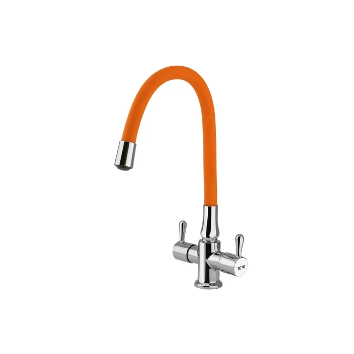 TOYO Premium Flexible Sink Mixer with Orange Multiflow Spout | Hot & Cold Dual Control Table Mounted Faucet | Heavy-Duty Brass Handle Assembly with 600mm Braided Pipes | BE-53103-ORANGE