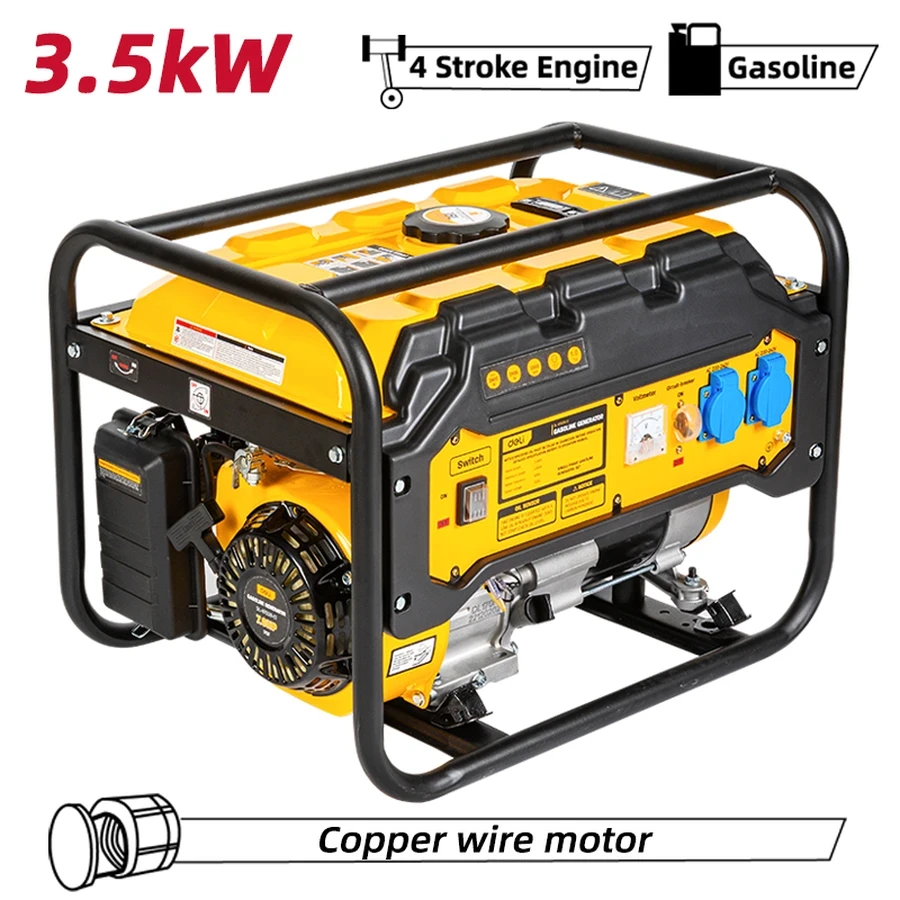Deli 3.5kW Max (2.8kW Rated) 4-Stroke OHV Gasoline Generator | Pure Copper Wire Motor 15L Fuel Tank Air-Cooled Generator with Protective Steel Roll Cage (Yellow) | EDL-KFD35-E1