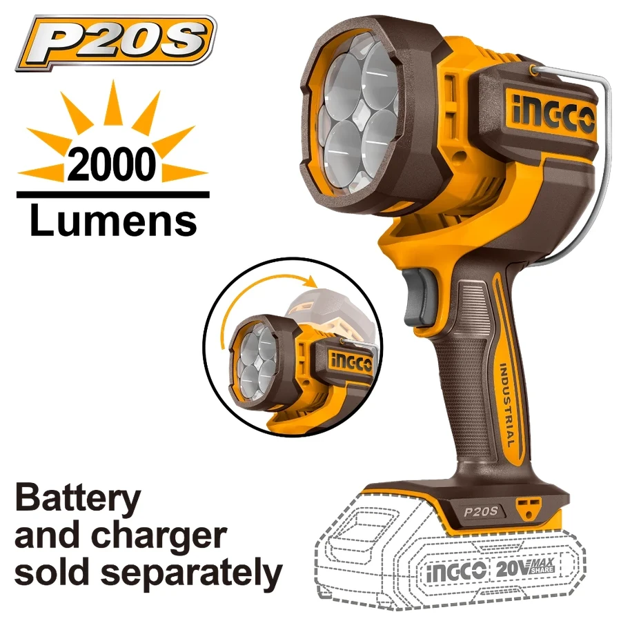INGCO Cordless LED Work Lamp | 2000 Lumens High Intensity | 130° Swivel Head | CWLI20885